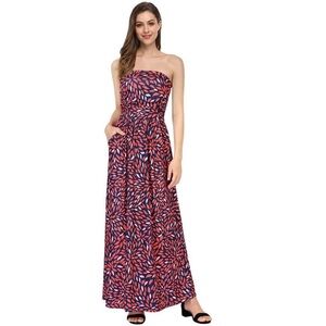 ❤️ CLEARLOVE Women Strapless Casual Loose Ruched Maxi Dress with Pockets Size S